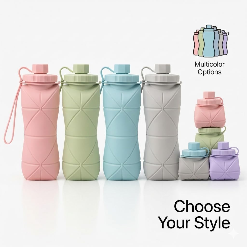 foldable water bottle 610ml Collapsible Silicone Water Bottle | Foldable, Leakproof, BPA-Free | Portable Wide Mouth Bottle for Travel, Gym, Cycling, Camping, Sports