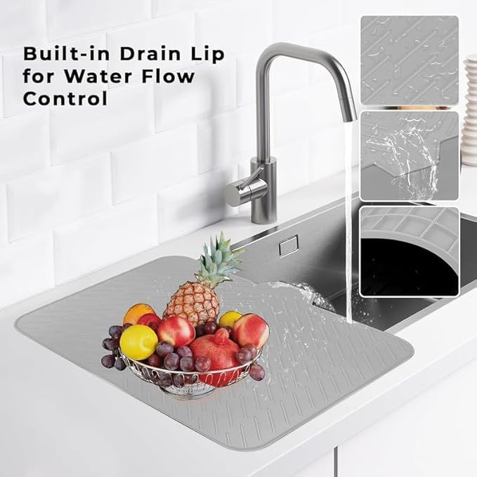 Silicone Dish Drying Mat for Kitchen - Built-in Drain Lip
