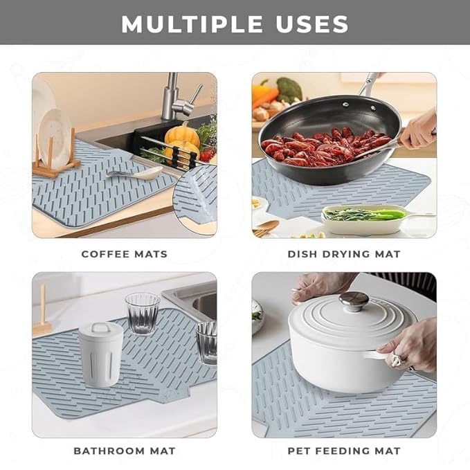 Silicone Dish Drying Mat for Kitchen - Built-in Drain Lip