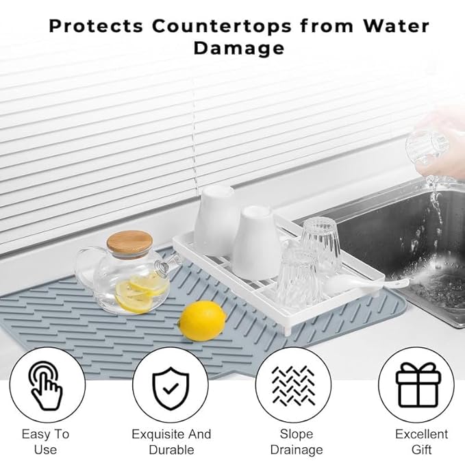 Silicone Dish Drying Mat for Kitchen - Built-in Drain Lip