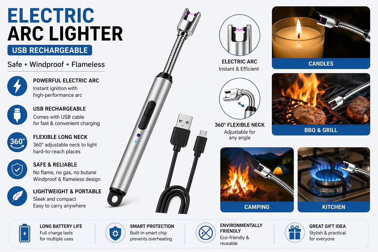 USB Rechargeable Electric Kitchen Lighter for Gas Stove & Outdoor BBQ Grilling