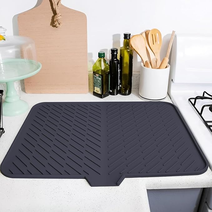 Silicone Dish Drying Mat for Kitchen - Built-in Drain Lip