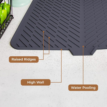Silicone Dish Drying Mat for Kitchen - Built-in Drain Lip